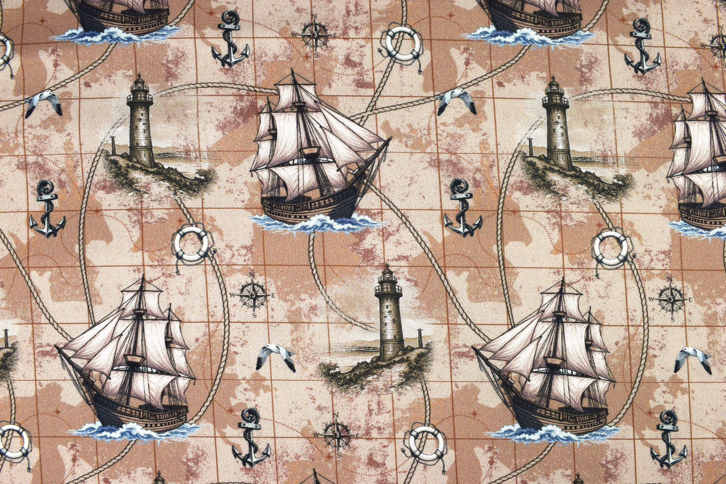 Nautical Map Fabric, Vintage Ship, Lighthouse, & Anchor Print Quilting Cotton - Price by Half Metre - The Quilt Sanctuary