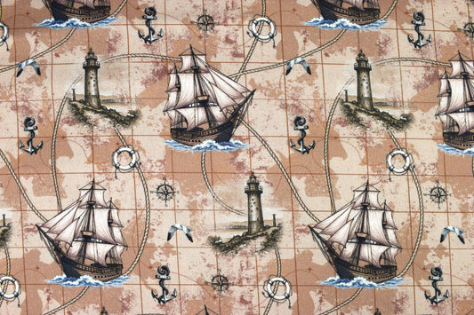 Nautical Map Fabric, Vintage Ship, Lighthouse, & Anchor Print Quilting Cotton - Price by Half Metre