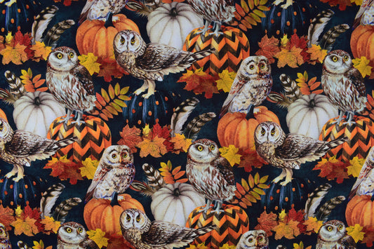 Autumn Owl and Pumpkin Fabric with Fall Leaves, Quilting fabric - Price per half Metre