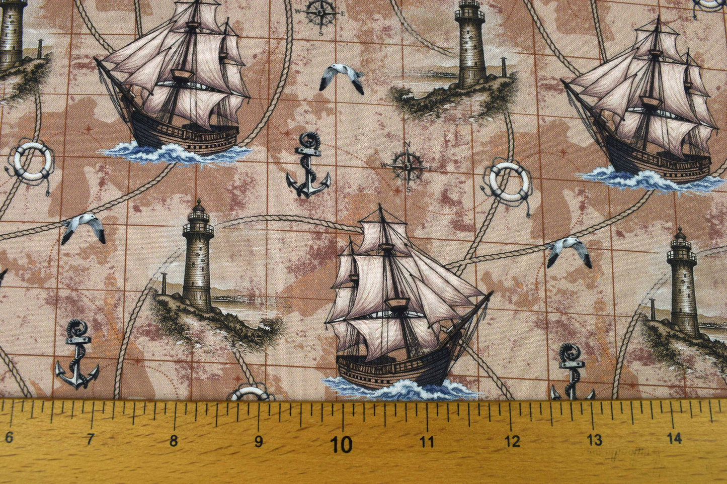Nautical Map Fabric, Vintage Ship, Lighthouse, & Anchor Print Quilting Cotton - Price by Half Metre - The Quilt Sanctuary