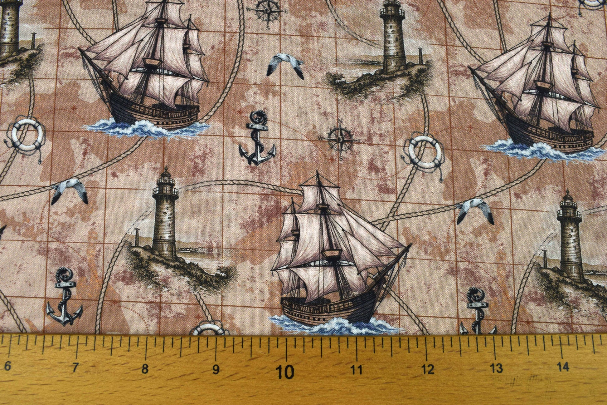 Nautical Map Fabric, Vintage Ship, Lighthouse, & Anchor Print Quilting Cotton - Price by Half Metre - The Quilt Sanctuary