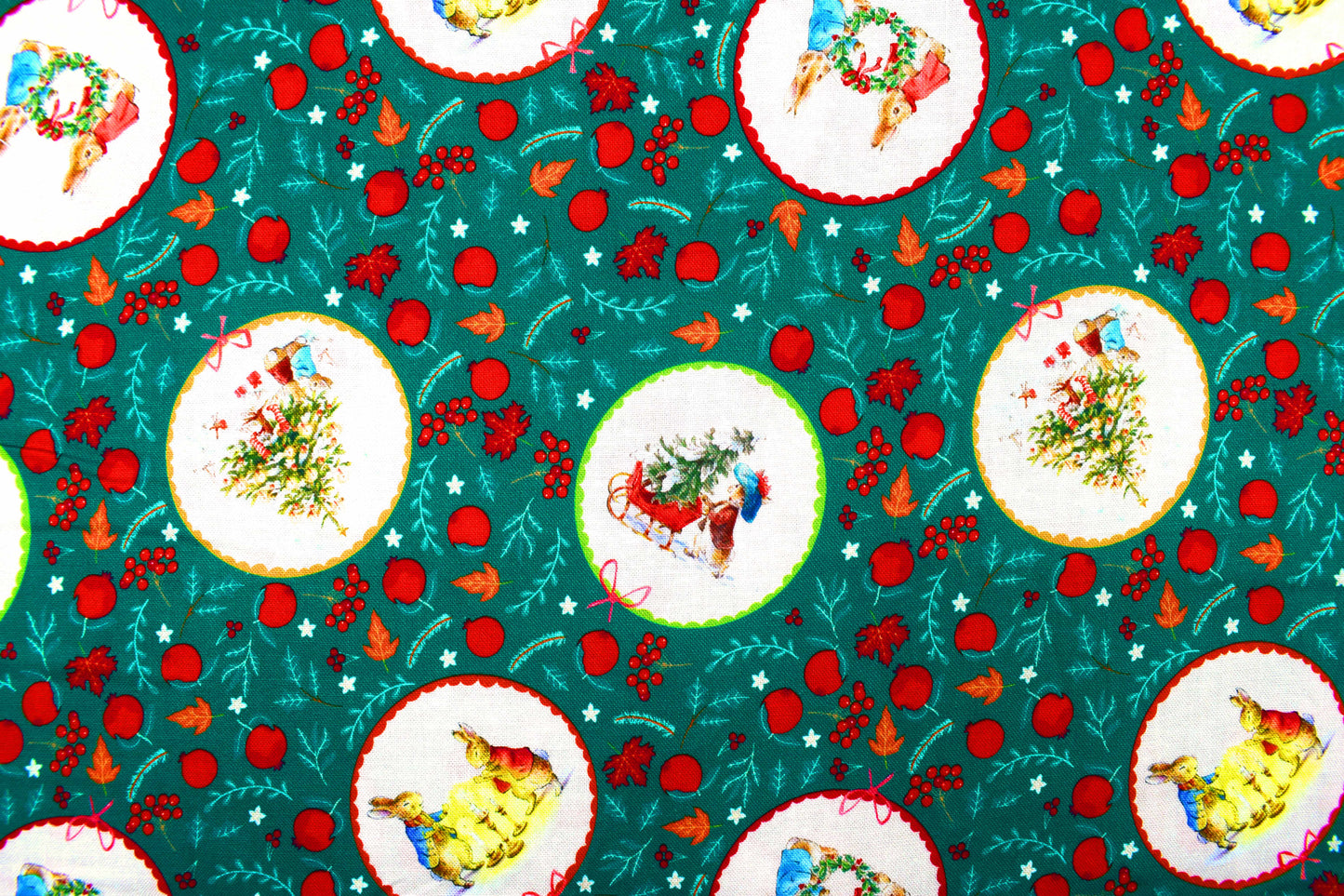 Green Peter Rabbit Christmas Fabric - Christmas Scenes & Characters- Price by the Half Metre