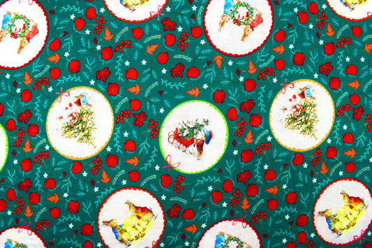 Green Peter Rabbit Christmas Fabric - Christmas Scenes & Characters- Price by the Half Metre