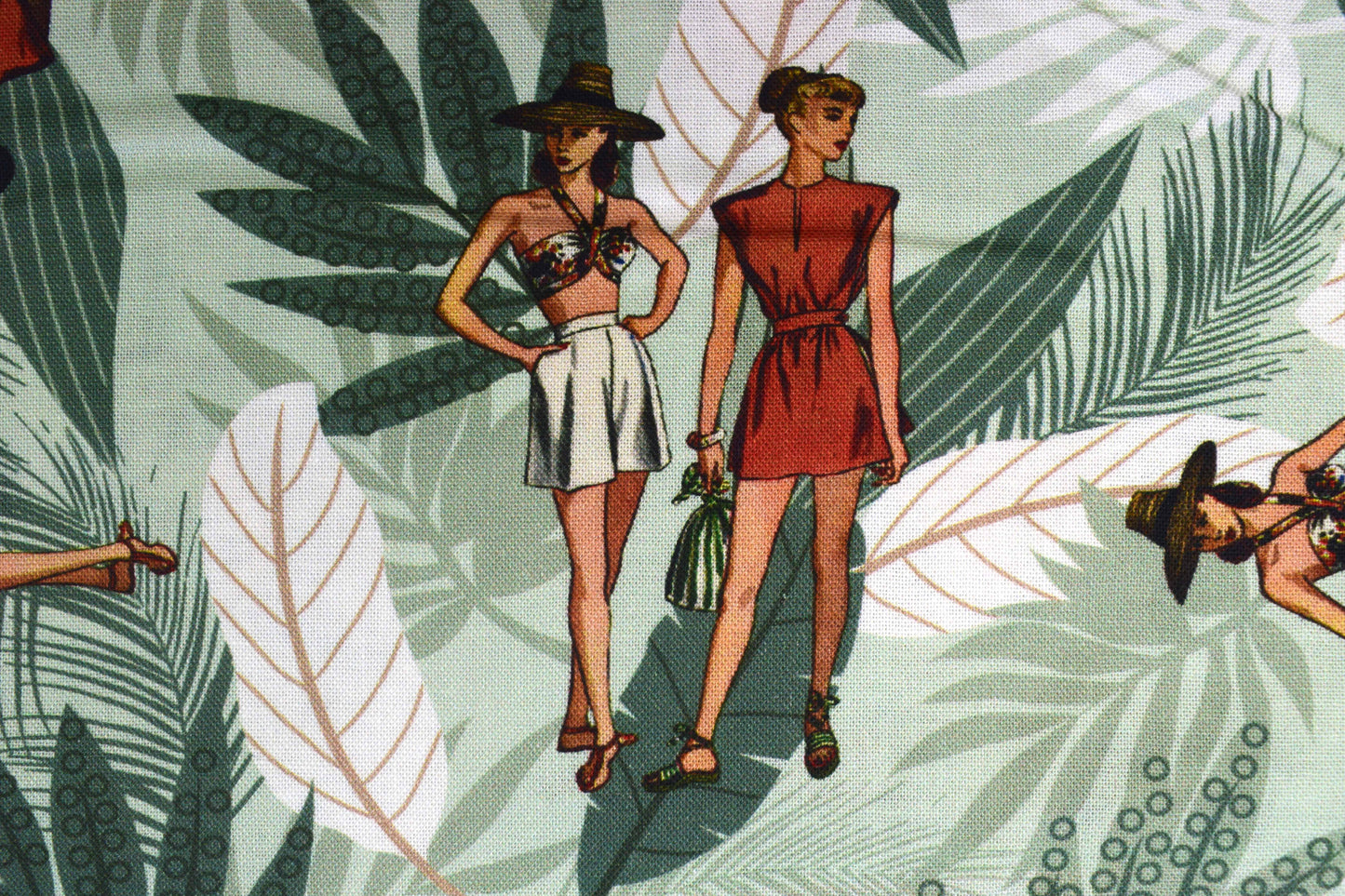 Sunset Safari Tropical Fabric,  Retro Fashion Ladies & Jungle Palm - Price by Half Metre