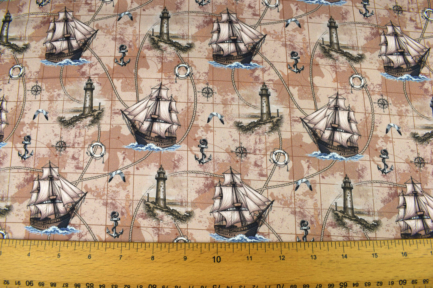 Nautical Map Fabric, Vintage Ship, Lighthouse, & Anchor Print Quilting Cotton - Price by Half Metre - The Quilt Sanctuary