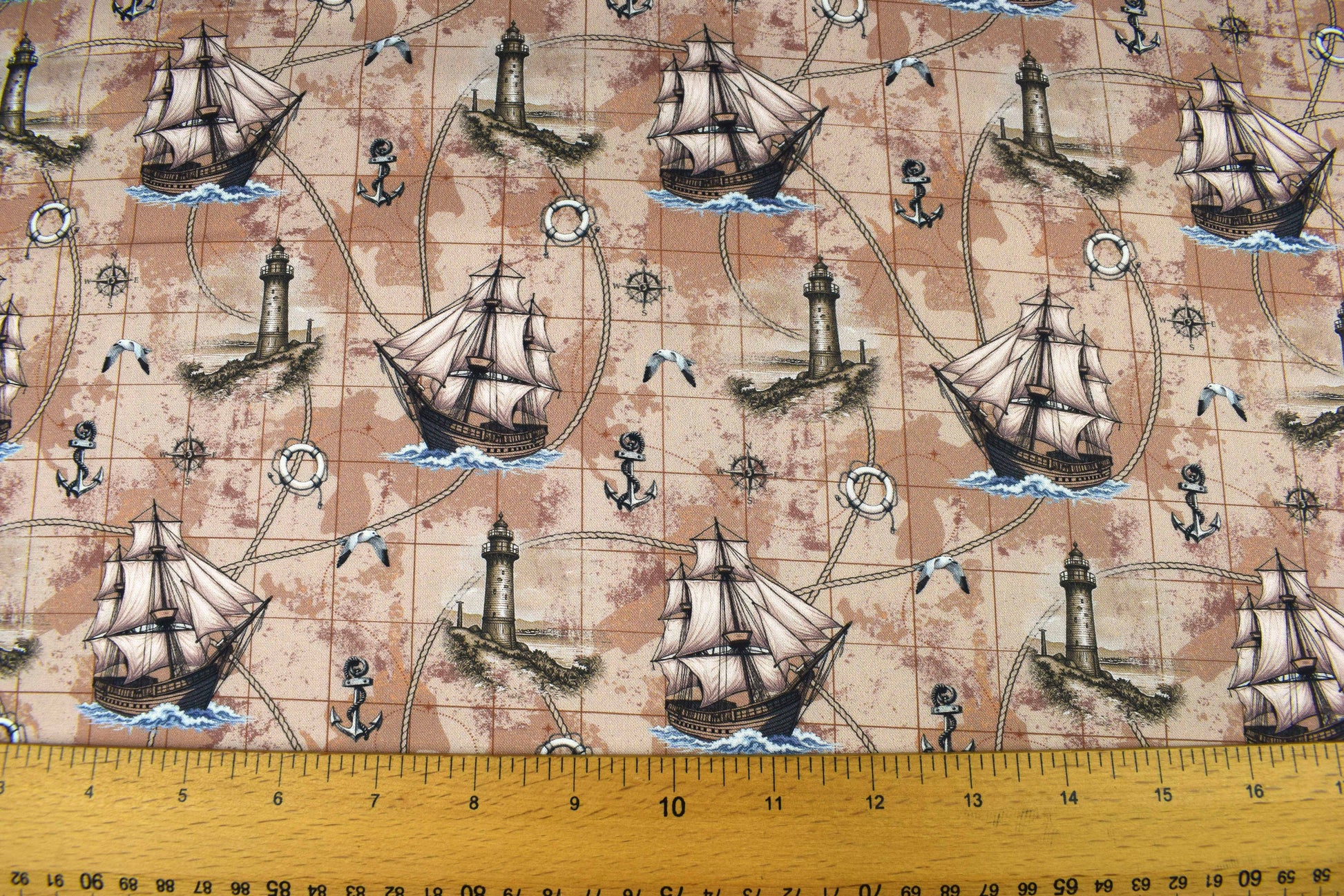 Nautical Map Fabric, Vintage Ship, Lighthouse, & Anchor Print Quilting Cotton - Price by Half Metre - The Quilt Sanctuary