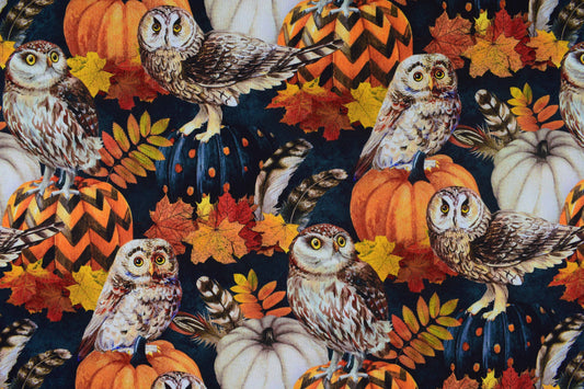 Autumn Owl and Pumpkin Fabric with Fall Leaves, Quilting fabric - Price per half Metre
