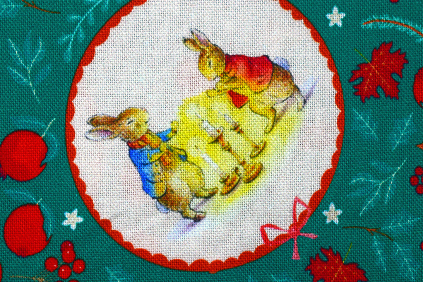 Green Peter Rabbit Christmas Fabric - Christmas Scenes & Characters- Price by the Half Metre