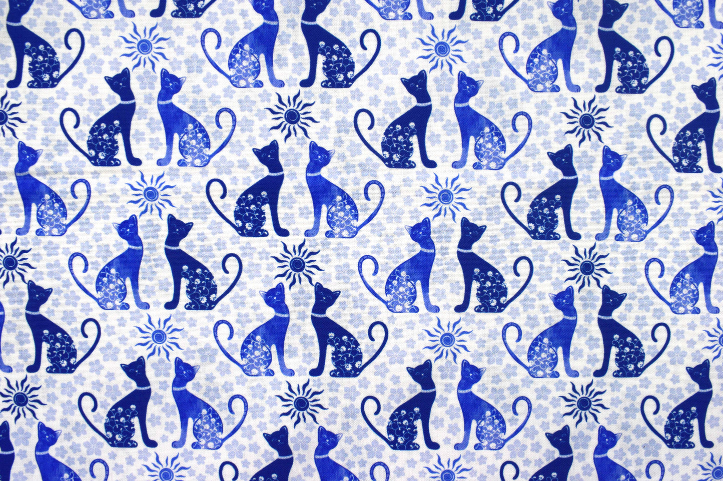 Blue Feline Cat and Sun Motif Quilting Fabric - Price by Half Metre
