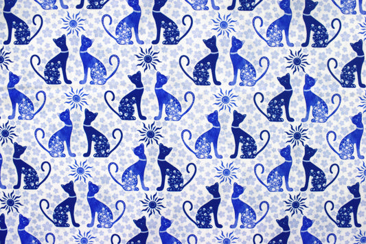 Blue Feline Cat and Sun Motif Quilting Fabric - Price by Half Metre