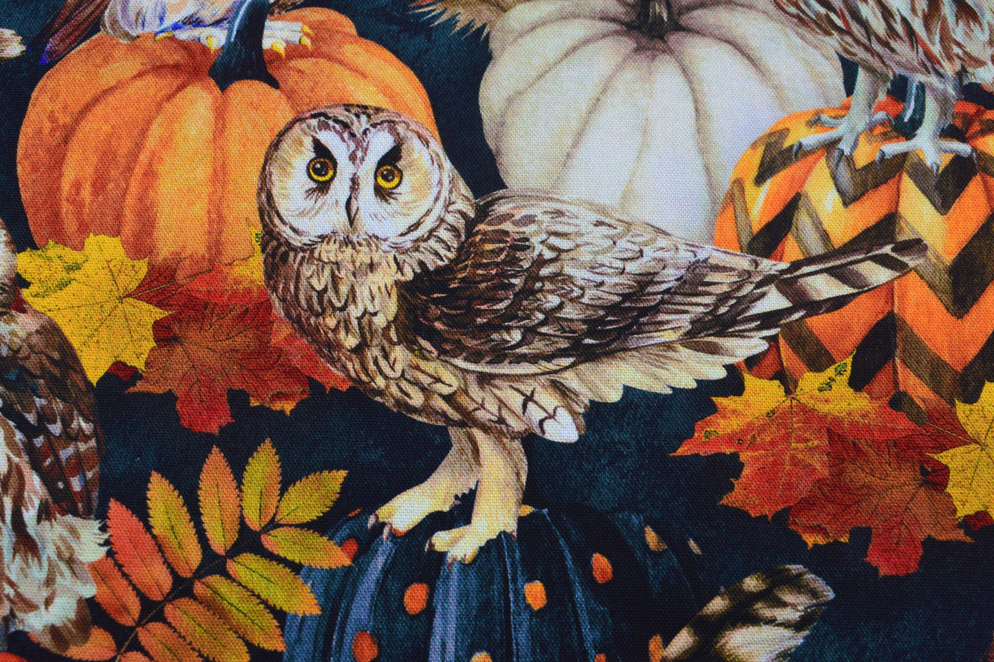 Autumn Owl and Pumpkin Fabric with Fall Leaves, Quilting fabric - Price per half Metre