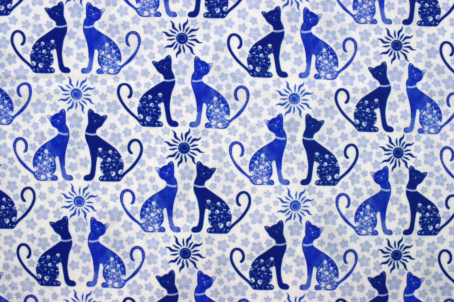Blue Feline Cat and Sun Motif Quilting Fabric - Price by Half Metre