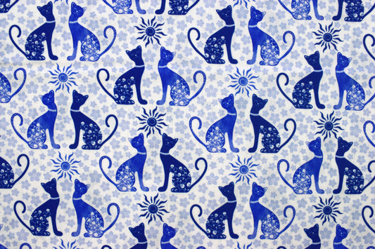 Blue Feline Cat and Sun Motif Quilting Fabric - Price by Half Metre