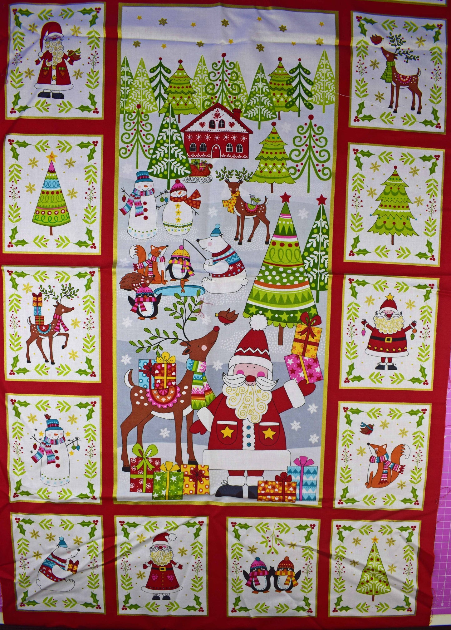 Festive Christmas Panel with Santa, Snowman, Reindeer and Holiday Scenes