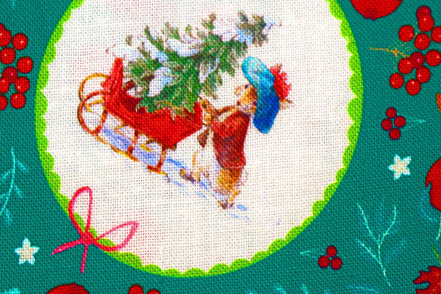 Green Peter Rabbit Christmas Fabric - Christmas Scenes & Characters- Price by the Half Metre