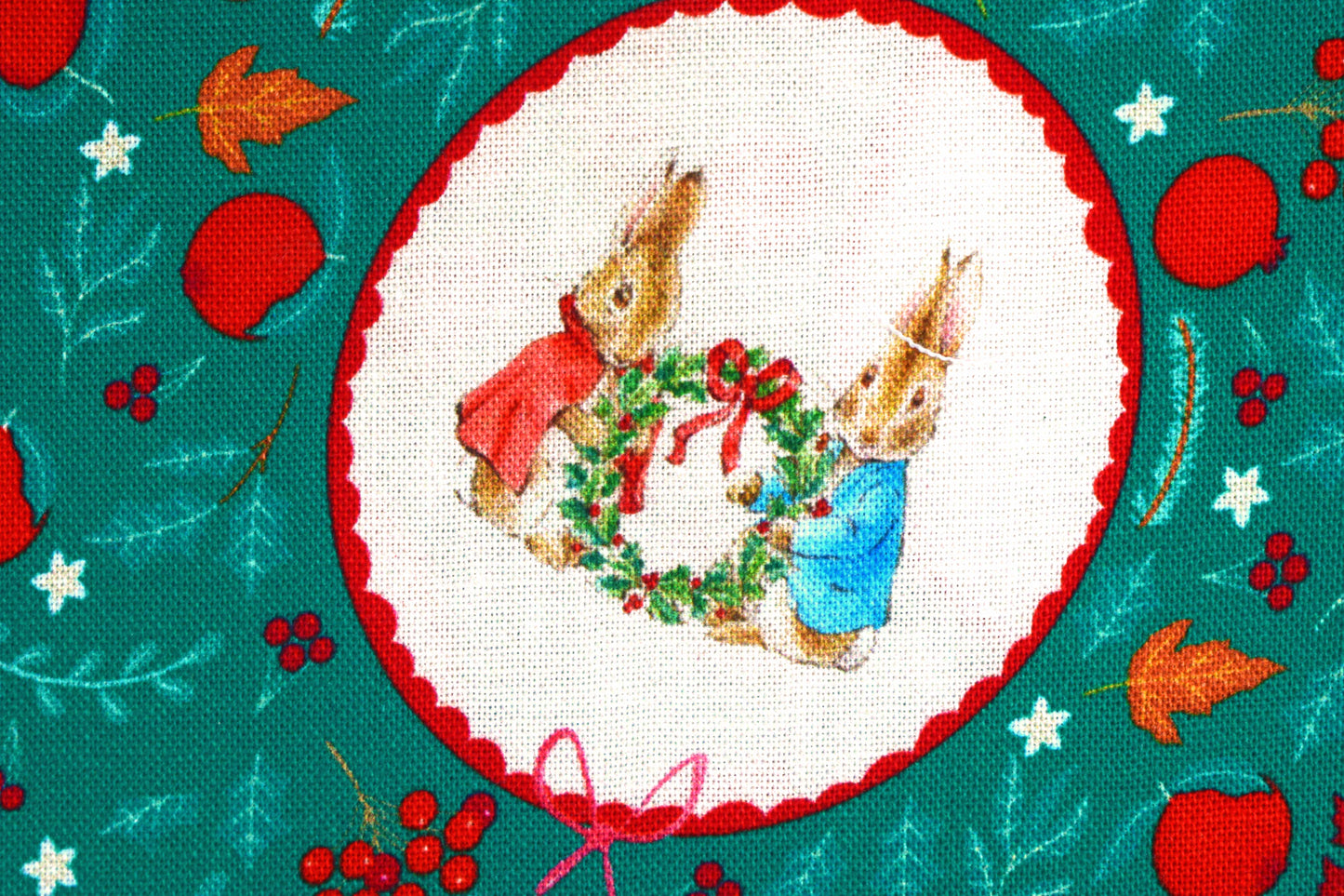 Green Peter Rabbit Christmas Fabric - Christmas Scenes & Characters- Price by the Half Metre