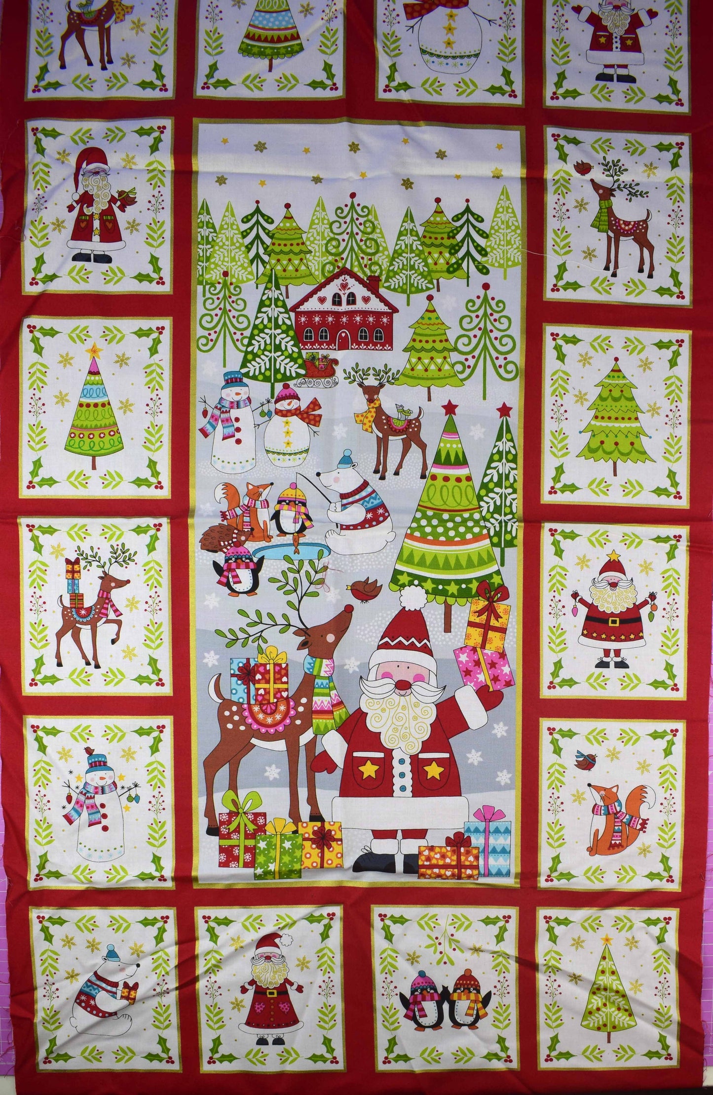 Festive Christmas Panel with Santa, Snowman, Reindeer and Holiday Scenes