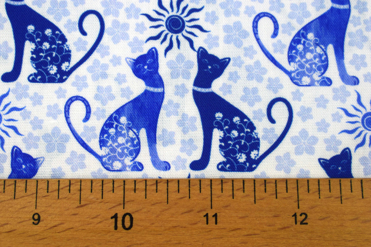 Blue Feline Cat and Sun Motif Quilting Fabric - Price by Half Metre