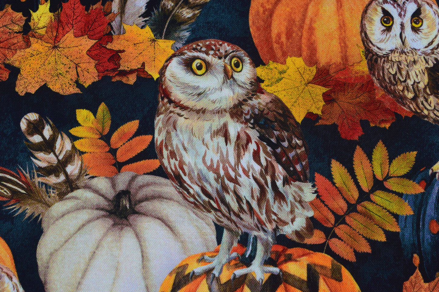 Autumn Owl and Pumpkin Fabric with Fall Leaves, Quilting fabric - Price per half Metre