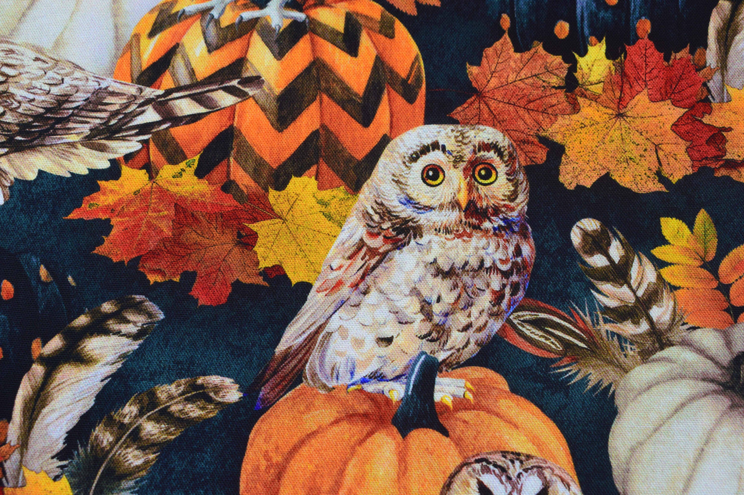 Autumn Owl and Pumpkin Fabric with Fall Leaves, Quilting fabric - Price per half Metre