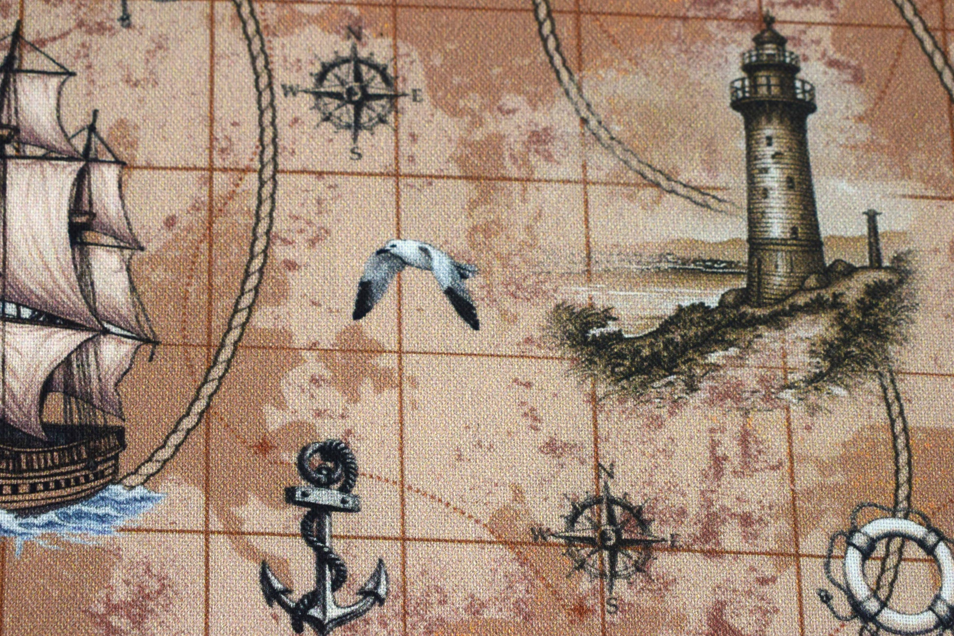 Nautical Map Fabric, Vintage Ship, Lighthouse, & Anchor Print Quilting Cotton - Price by Half Metre - The Quilt Sanctuary