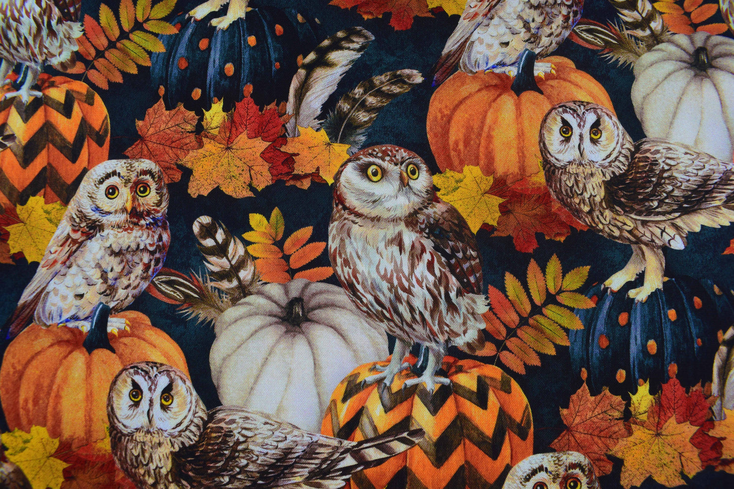 Autumn Owl and Pumpkin Fabric with Fall Leaves, Quilting fabric - Price per half Metre