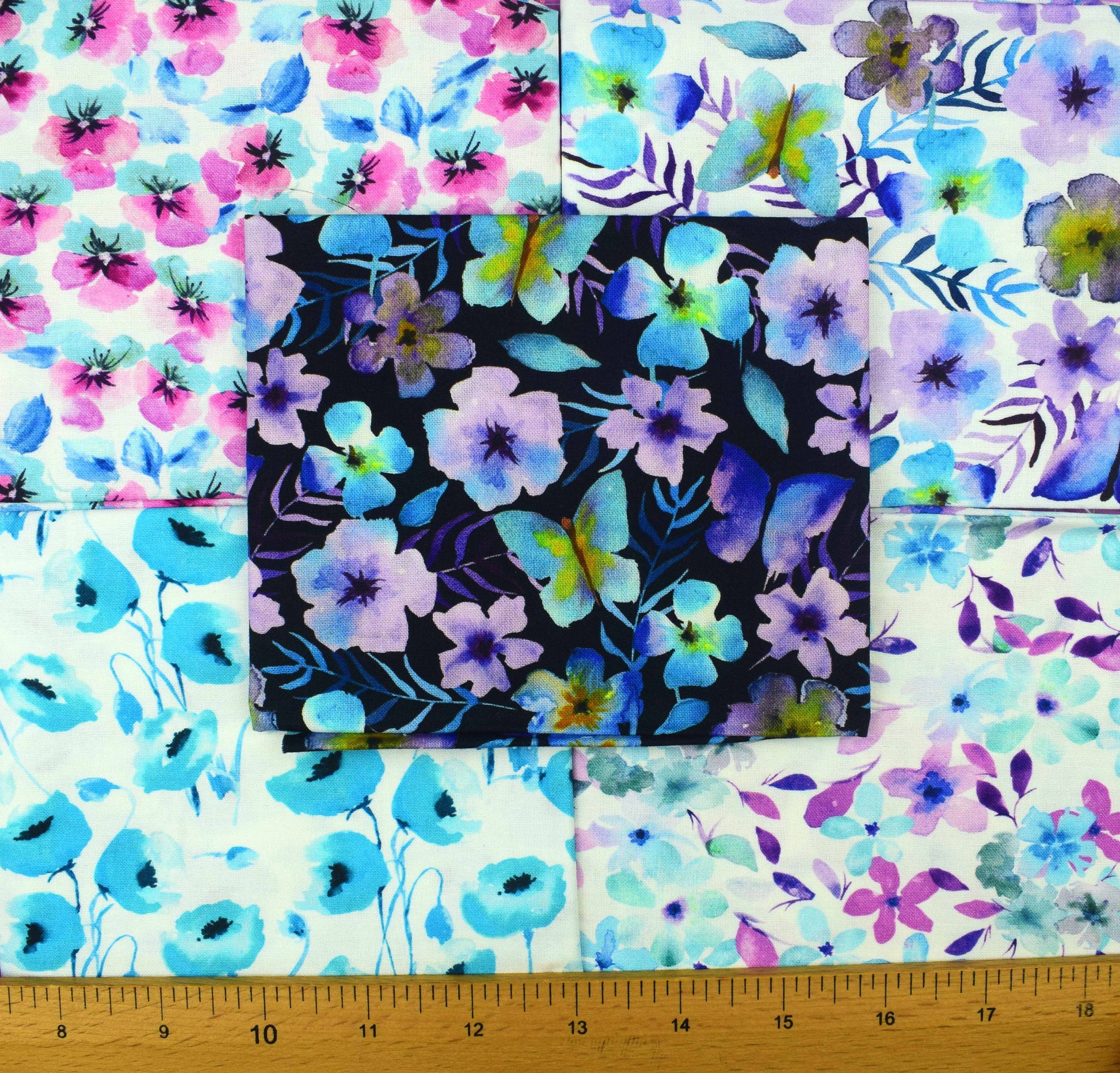 Vivid Water colour fat Quarter Bundle,  pastel cotton fabric, Wildflower prints - The Quilt Sanctuary