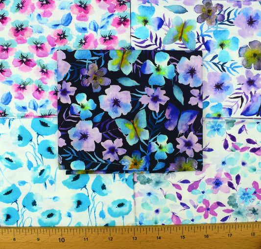 Vivid Water colour fat Quarter Bundle,  pastel cotton fabric, Wildflower prints - The Quilt Sanctuary