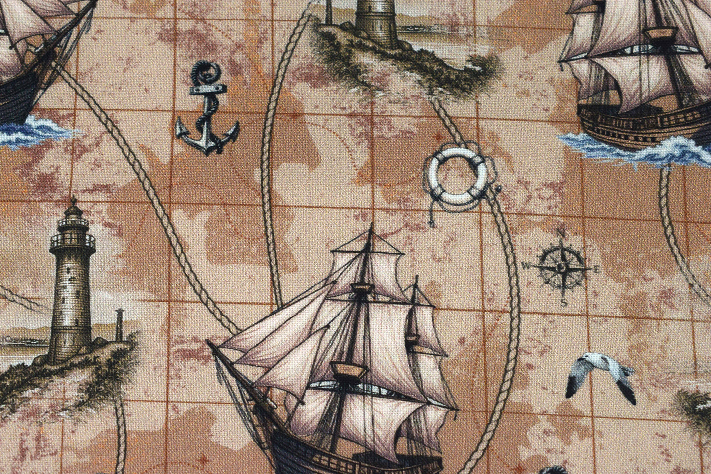 Nautical Map Fabric, Vintage Ship, Lighthouse, & Anchor Print Quilting Cotton - Price by Half Metre - The Quilt Sanctuary