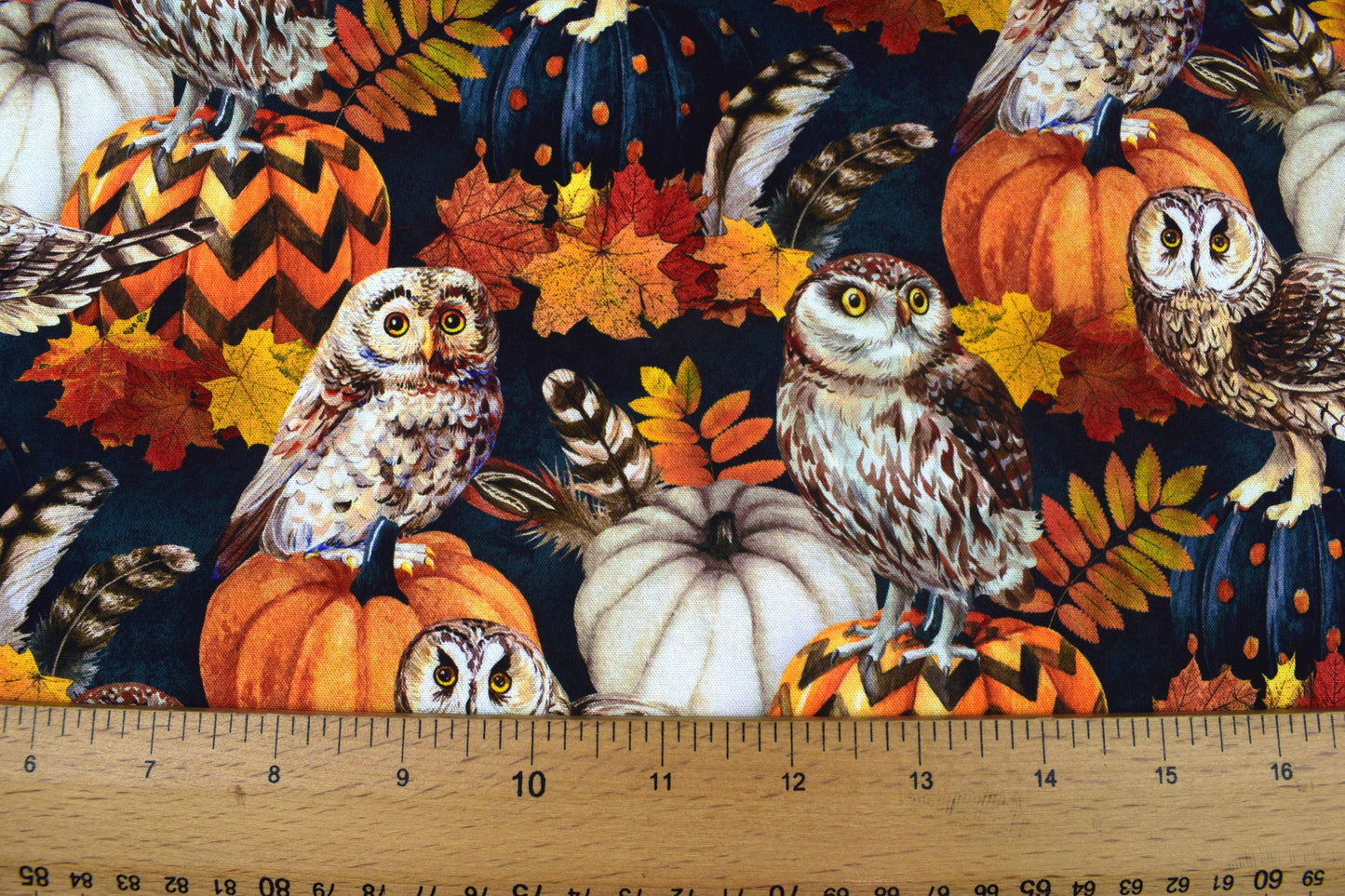 Autumn Owl and Pumpkin Fabric with Fall Leaves, Quilting fabric - Price per half Metre