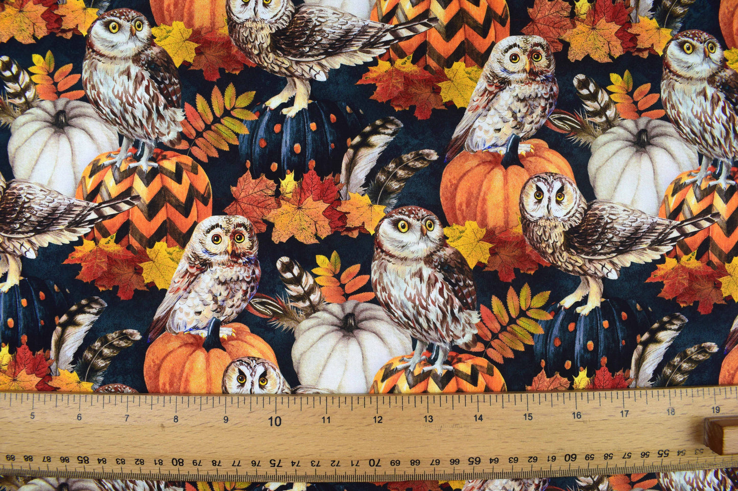 Autumn Owl and Pumpkin Fabric with Fall Leaves, Quilting fabric - Price per half Metre