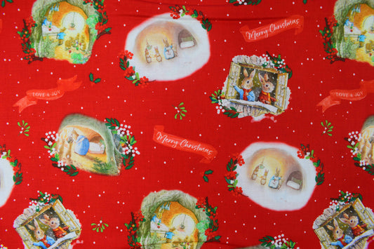 Charming Christmas Peter Rabbit Quilting Fabric in Red Design - Price by the Half Metre