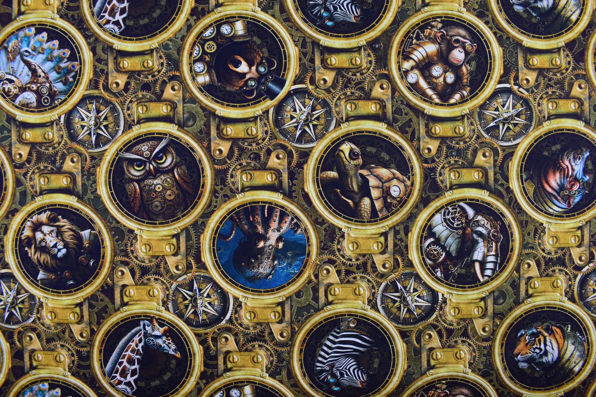 Steampunk Safari Animals Porthole Cotton Quilting Fabric -  Price by the Half Metre - The Quilt Sanctuary