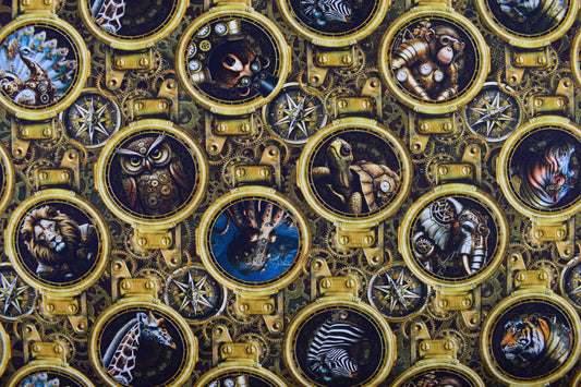 Steampunk Safari Animals Porthole Cotton Quilting Fabric -  Price by the Half Metre - The Quilt Sanctuary