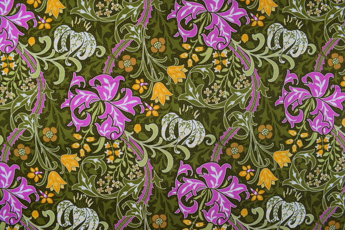 William Morris Golden Lily cotton Quilting Fabric – Olive Orchard  - Price by the Half Metre