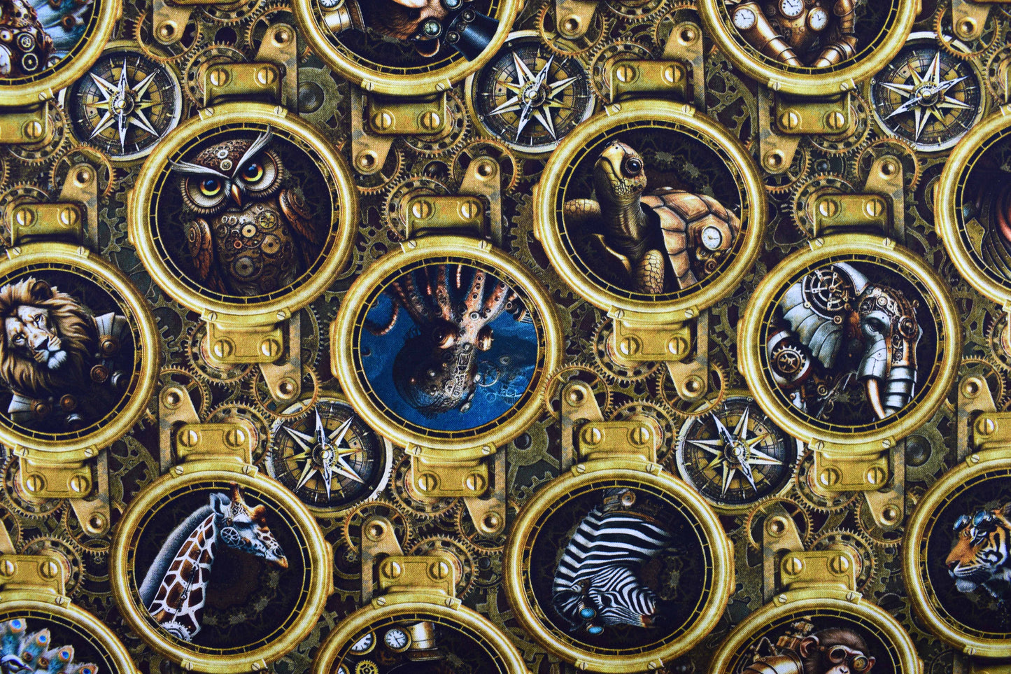 Steampunk Safari Animals Porthole Cotton Quilting Fabric -  Price by the Half Metre - The Quilt Sanctuary