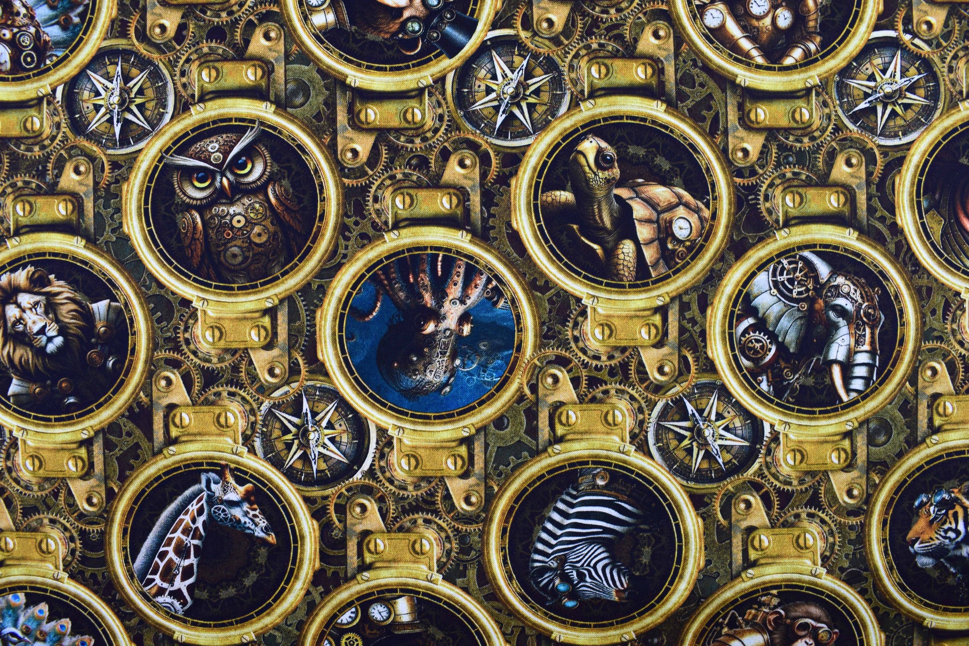 Steampunk Safari Animals Porthole Cotton Quilting Fabric -  Price by the Half Metre - The Quilt Sanctuary