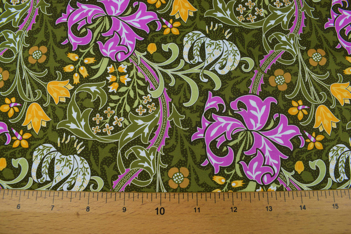 William Morris Golden Lily cotton Quilting Fabric – Olive Orchard  - Price by the Half Metre