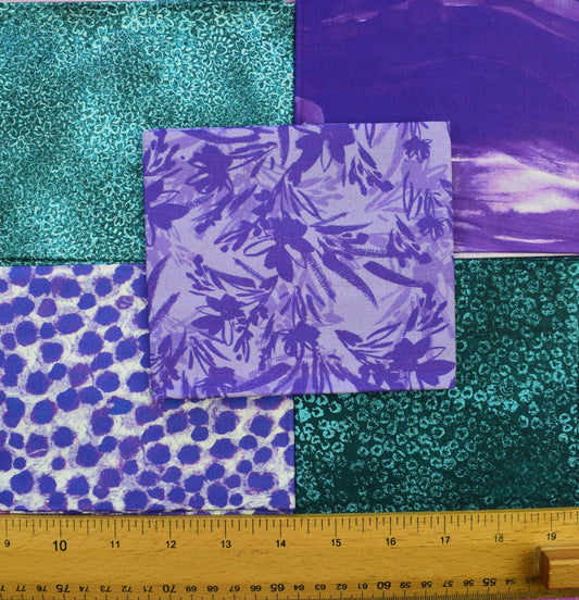Teal and Purple Fat Quarter Bundle - 5 Piece Fabric Set