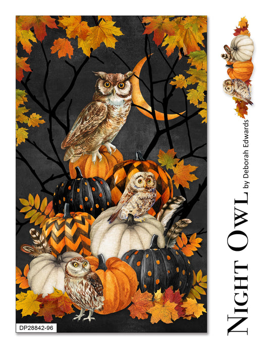 Autumn Owl and Pumpkin Fabric Panel by Deborah Edwards
