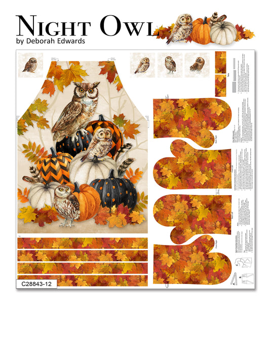 Autumn Owl Pumpkin Fabric Panel for Apron & Oven Mitt Sewing Projects - The Quilt Sanctuary