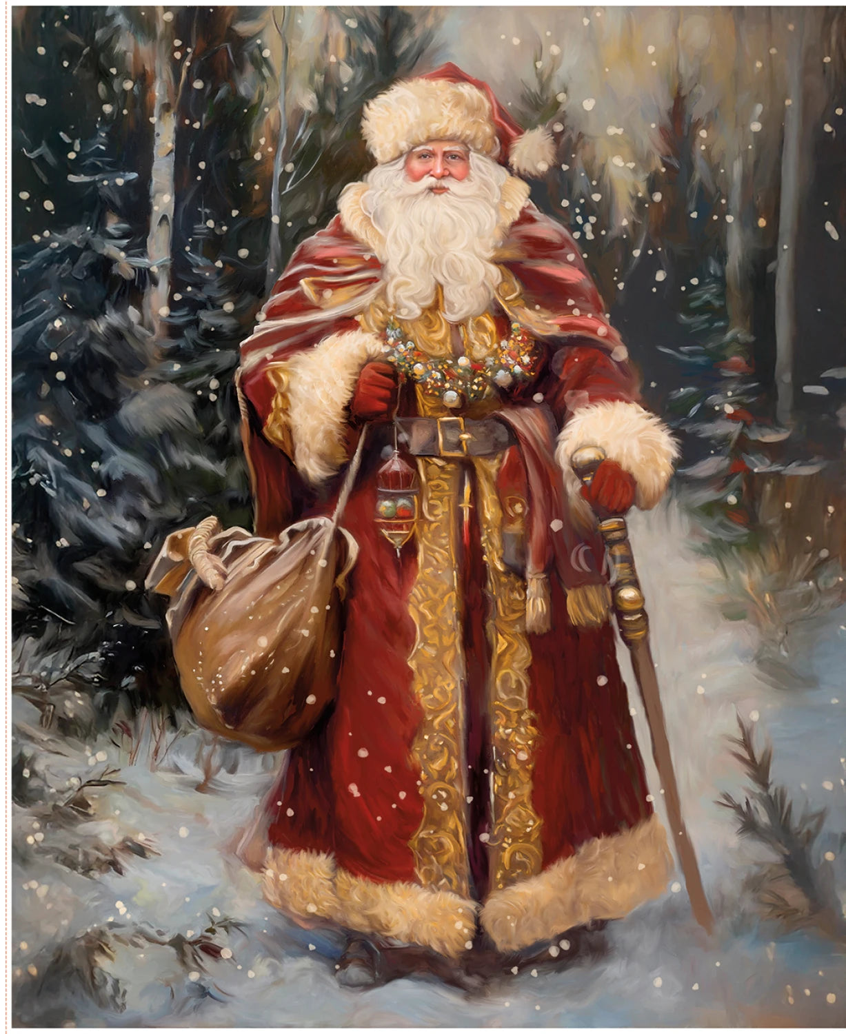 Victorian Santa Claus Winter Forest Fabric Quilting Panel