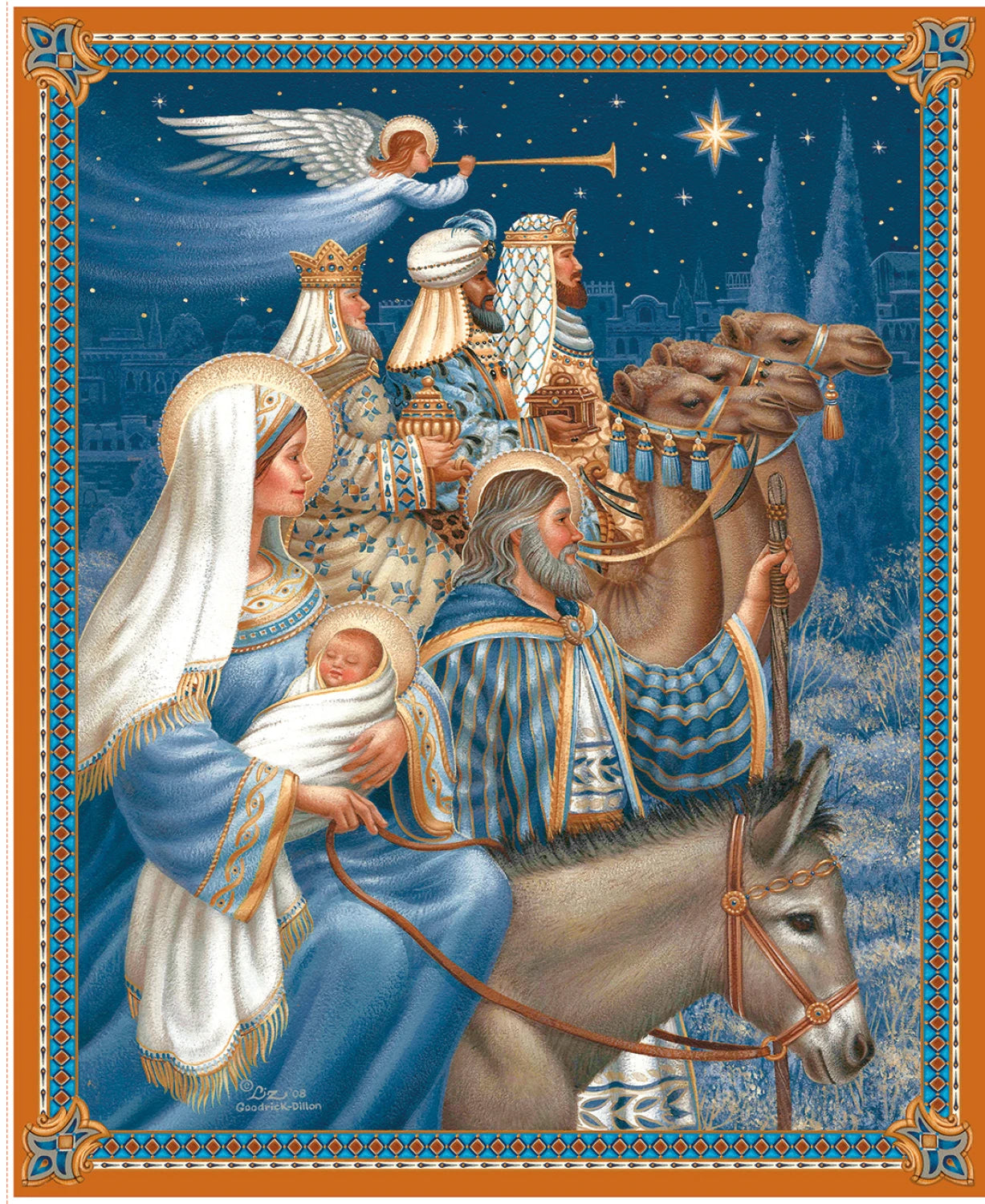 Nativity Scene Christmas Fabric Panel with Wise Men and Angel