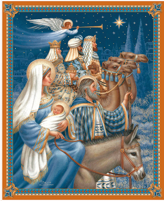 Nativity Scene Christmas Fabric Panel with Wise Men and Angel - The Quilt Sanctuary