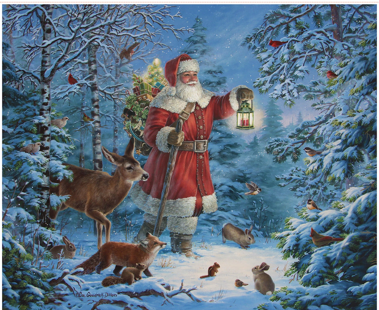 Santa in Snowy Forest with Lantern Christmas Fabric Panel