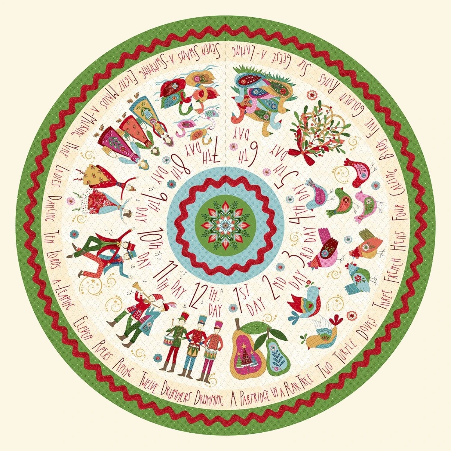 Circular Advent calendar with festive illustrations and text on a white background