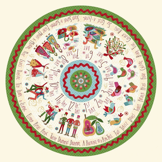 Circular Advent calendar with festive illustrations and text on a white background