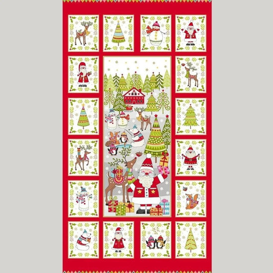 Festive Christmas Panel with Santa, Snowman, Reindeer and Holiday Scenes - The Quilt Sanctuary