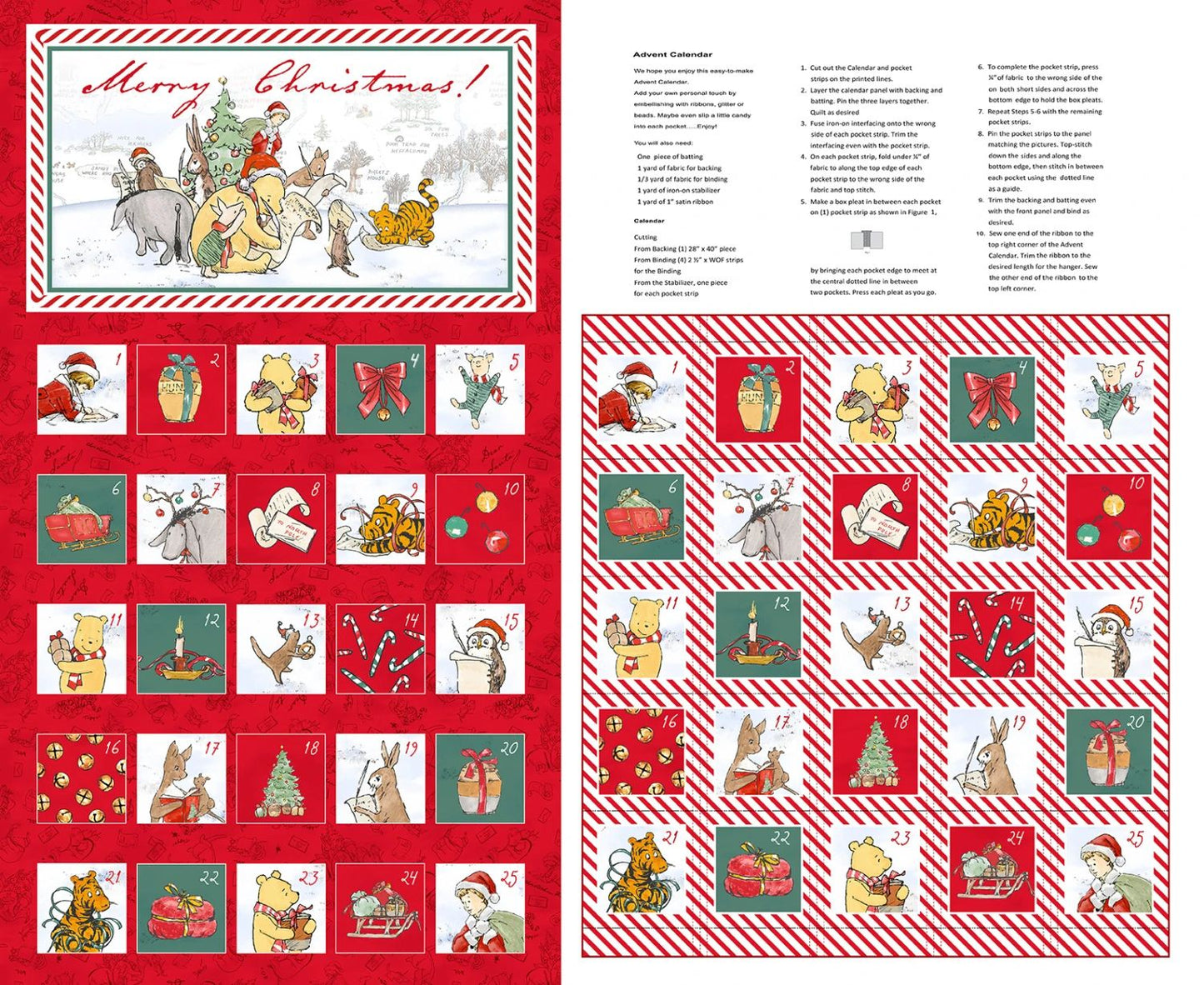 Winnie the Pooh fabric advent calendar panel,  reusable advent calendar