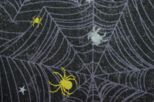 spider fabric, glitter fabric, Halloween fabric, cobweb fabric, Quilting fabric, cotton fabric, yellow spiders, Price by the Half Metre The Quilt Sanctuary